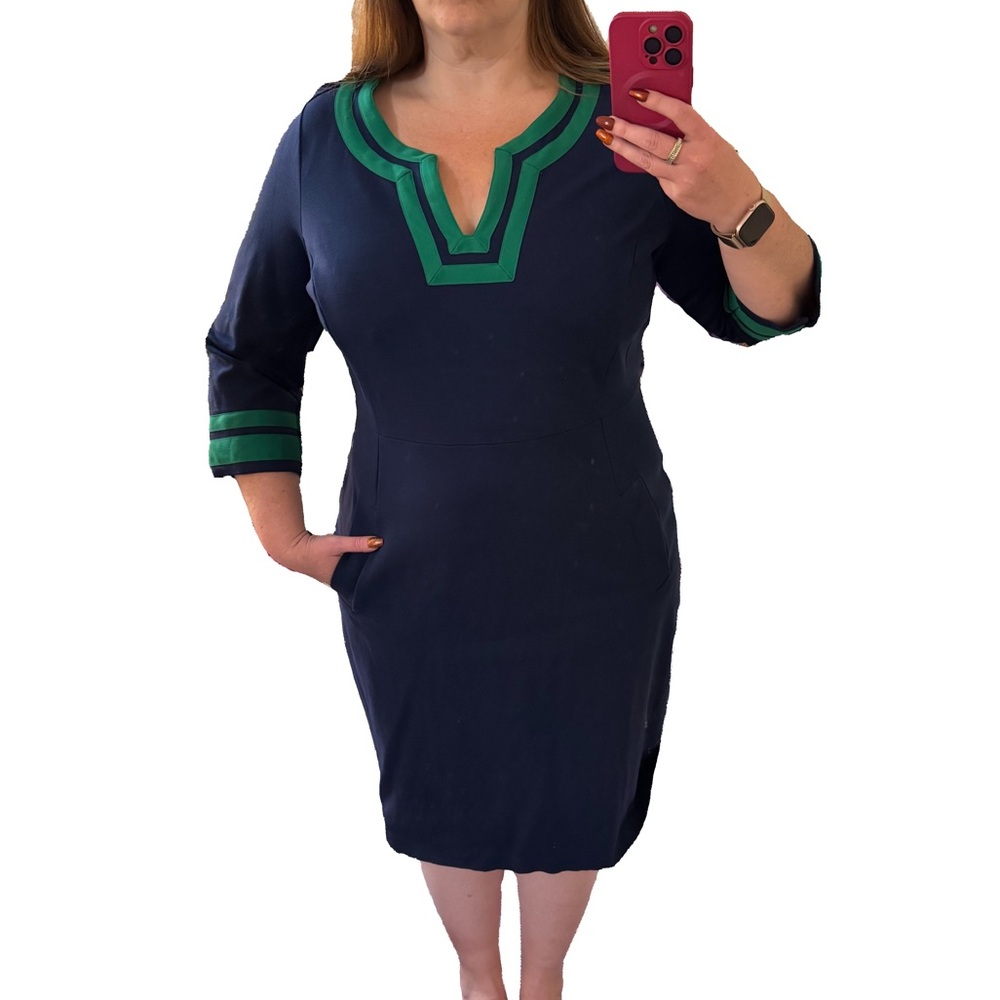 Lands End Ponte Dress Blue Green Pockets 3/4
Sleeve classic careerware